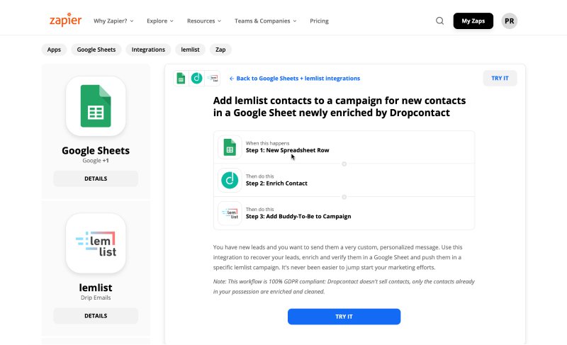 Workflow Zapier : Enrichir automatiquement ses données B2B dans un Google sheet et envoyer une campagne personnalisée de Cold Email via lemlist