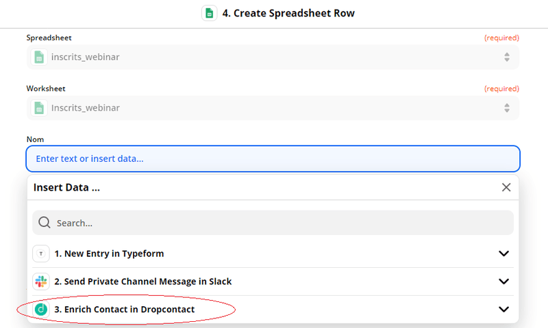 Zapier - Map Dropcontact and Google Sheet
