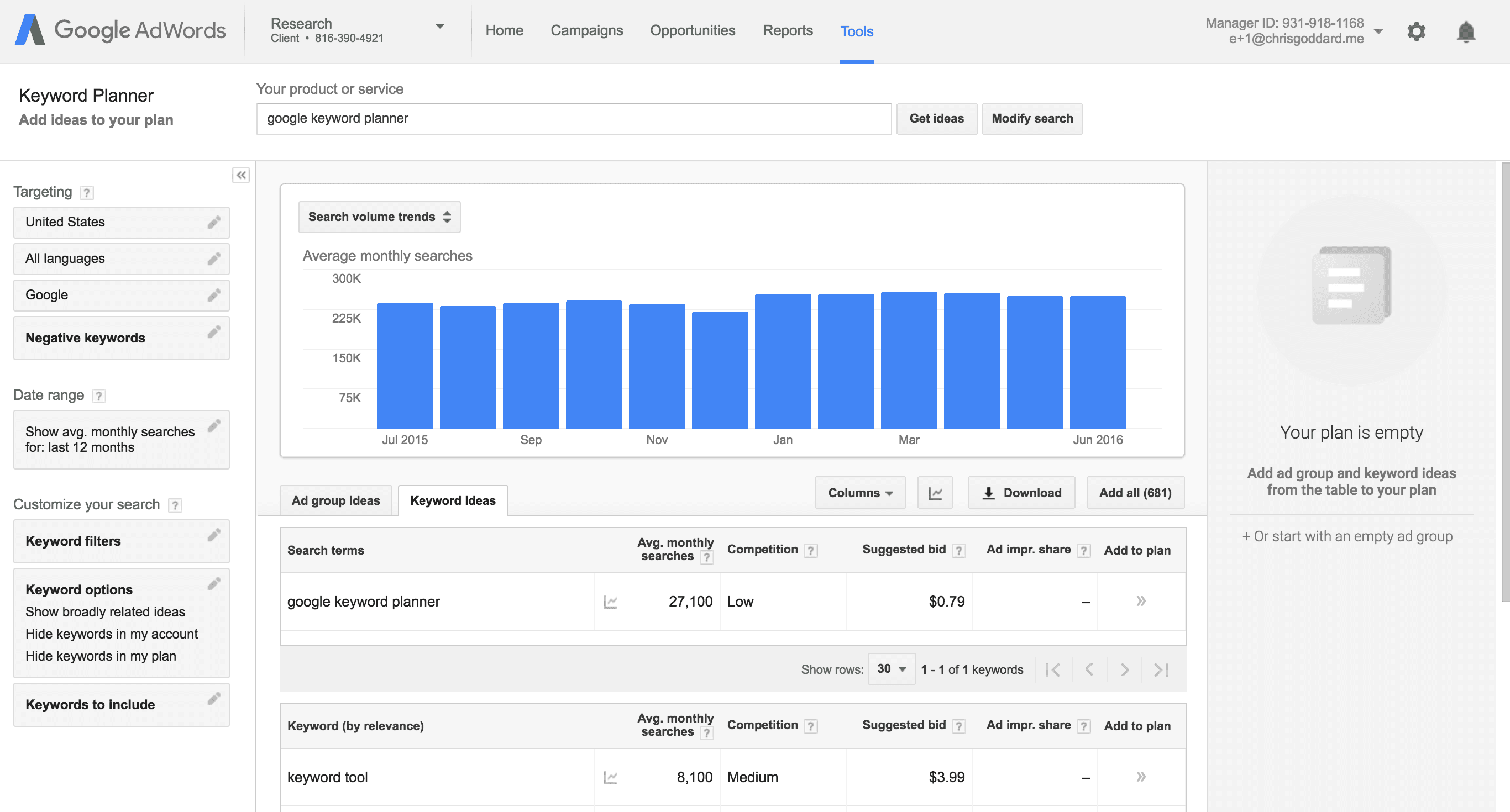 ferramentas de marketing keyword planner dashboard