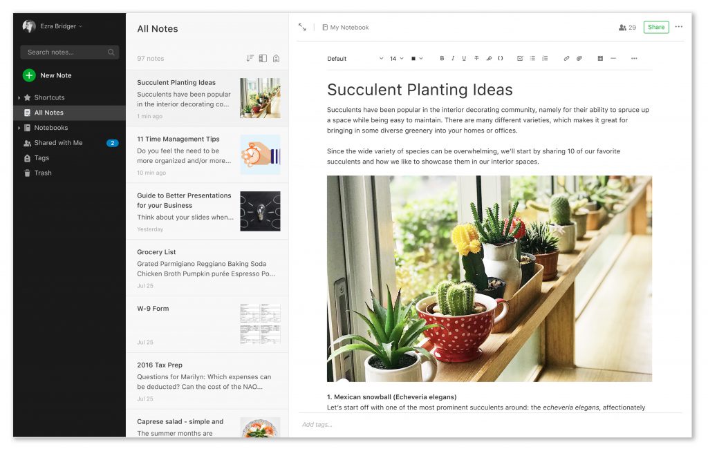 ferramentas de marketing evernote dashboard