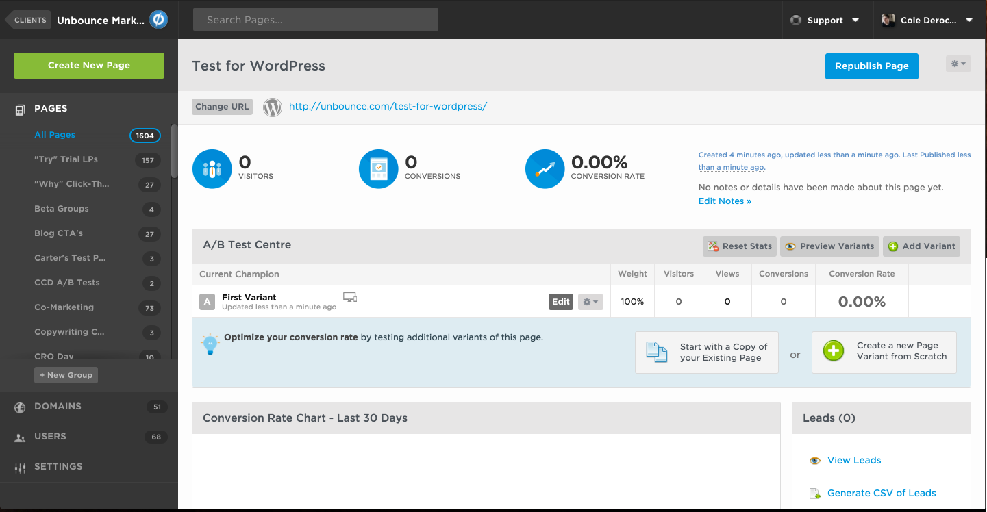 ferramentas de marketing unbounce dashboard