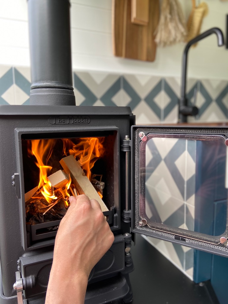 woodburning stove and log store
