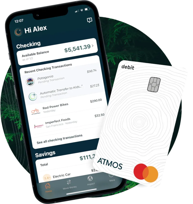 phone showing Atmos mobile app and debit card