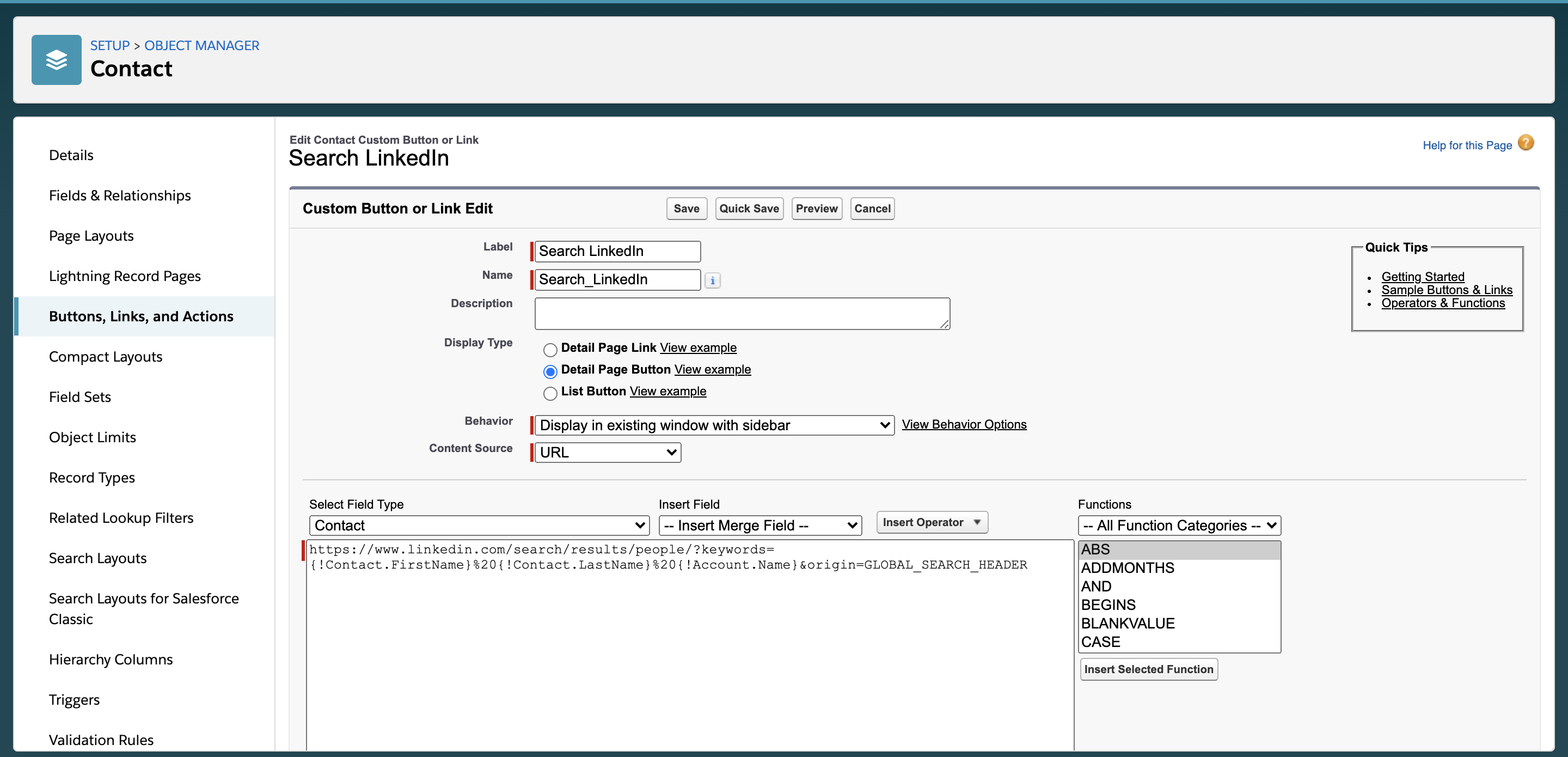 Creating the URL for the custom Salesforce button
