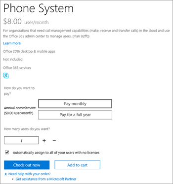 Screen shot showing option to buy a voice calling plan.