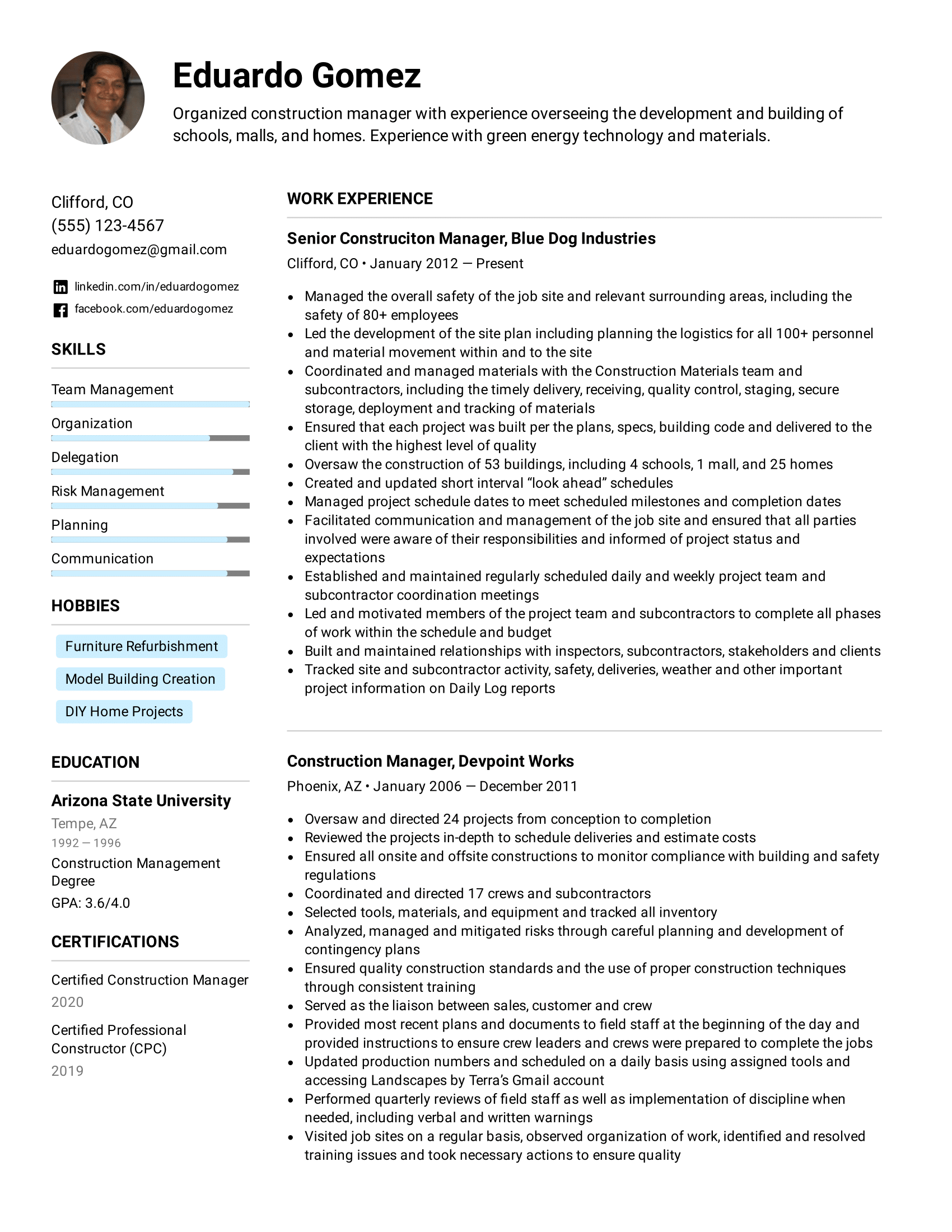 Construction Manager Resume Example