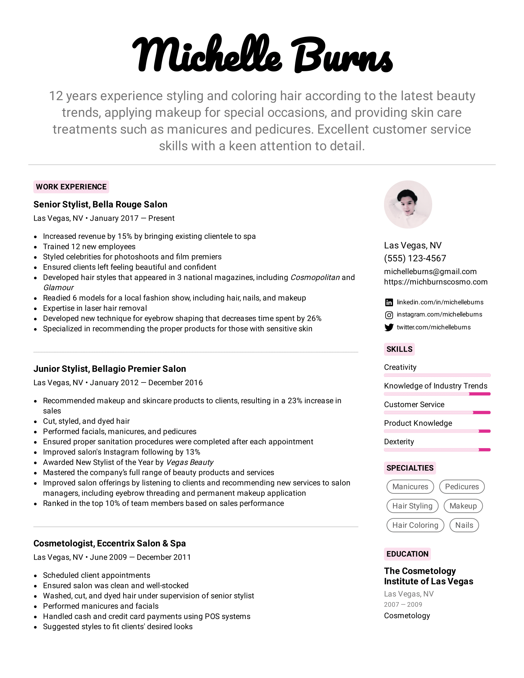 Cosmetologist Resume Example