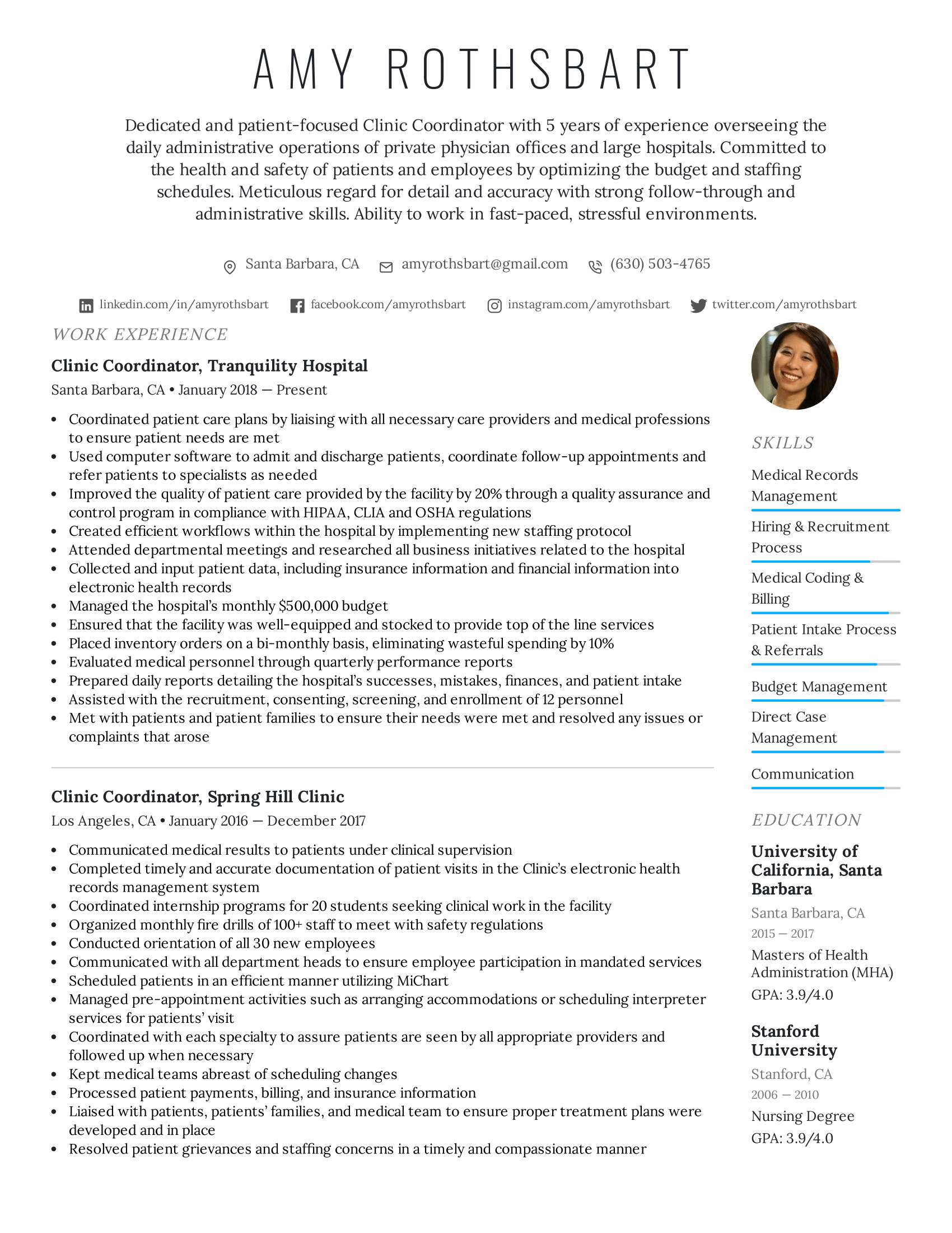 Clinic Coordinator Resume Example
