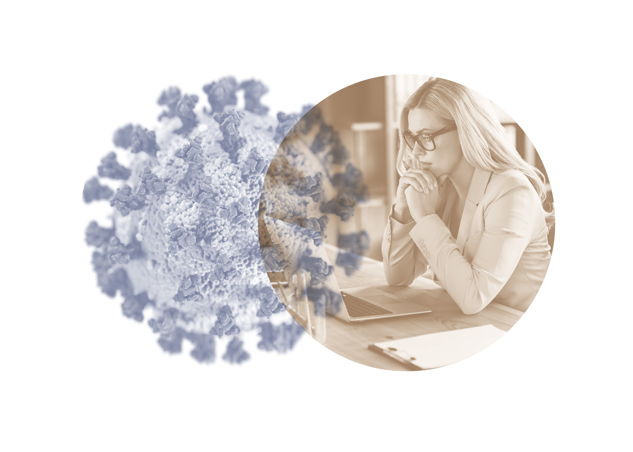 symbol image sars-cov2 virus and woman looking at laptop computer