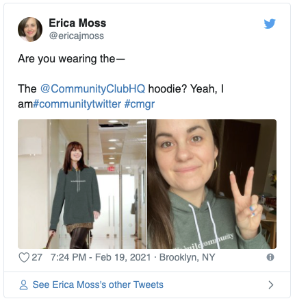Erica Moss shows off Community Club swag