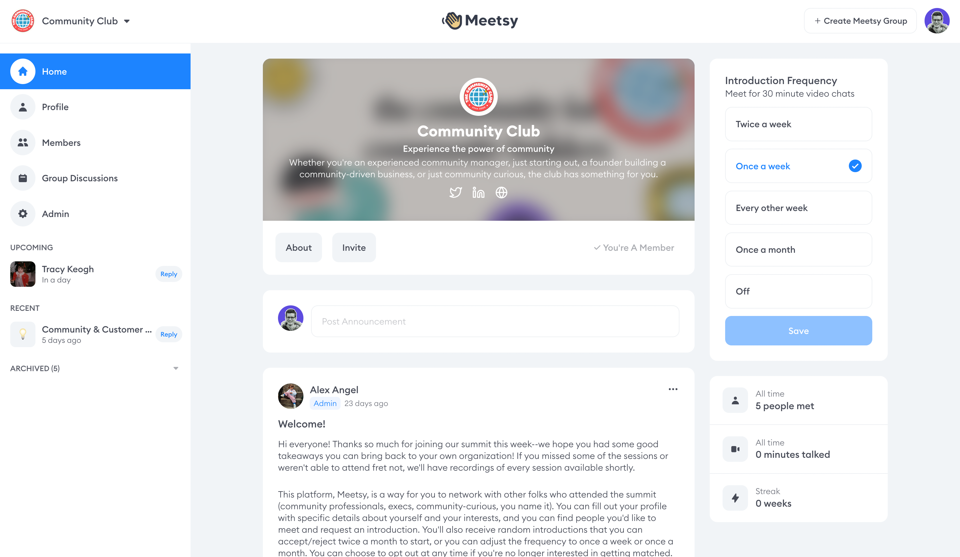 A view of The Community Club's Meetsy dashboard.