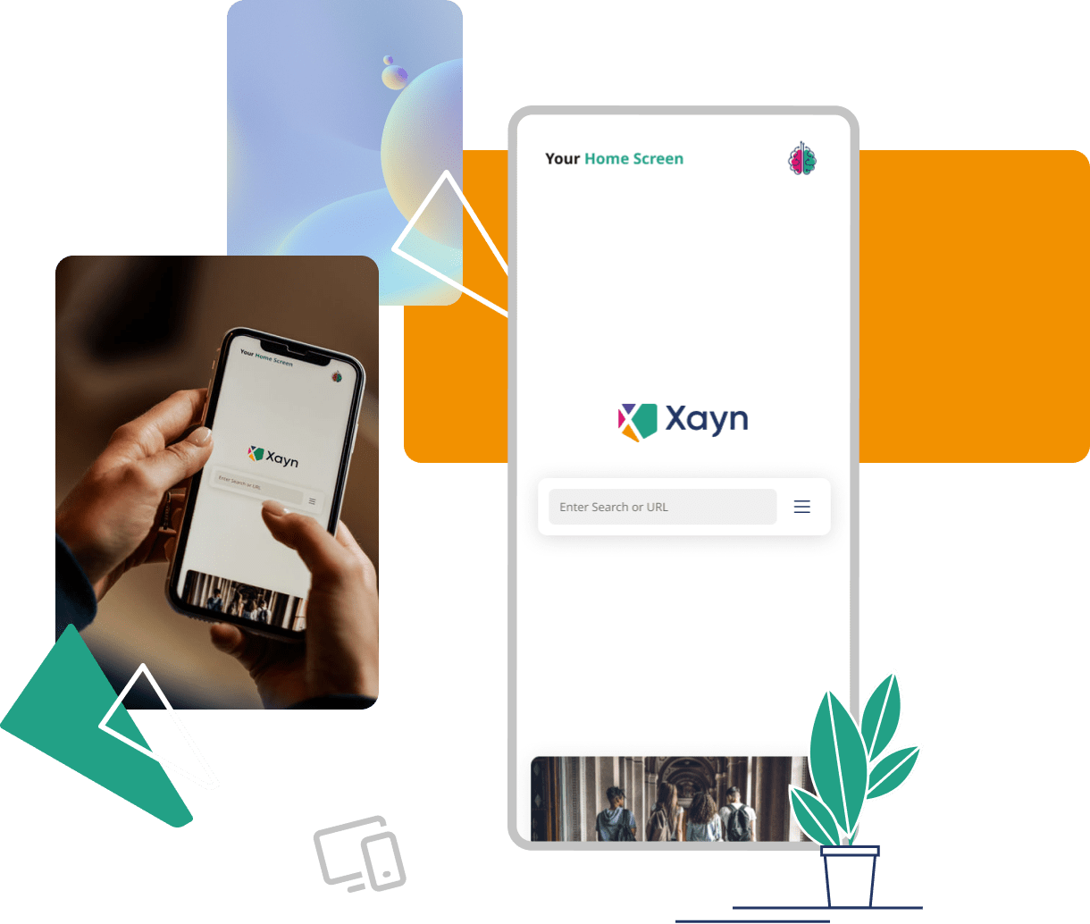 Woman holding a phone with Xayn app opened. Close up of Xayn app homepage.