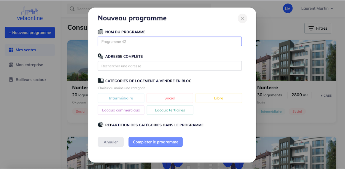 Aperçu place de marché mise en ligne programme immobilier