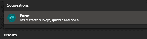 Image of entering the '@forms' command in Microsoft Teams.