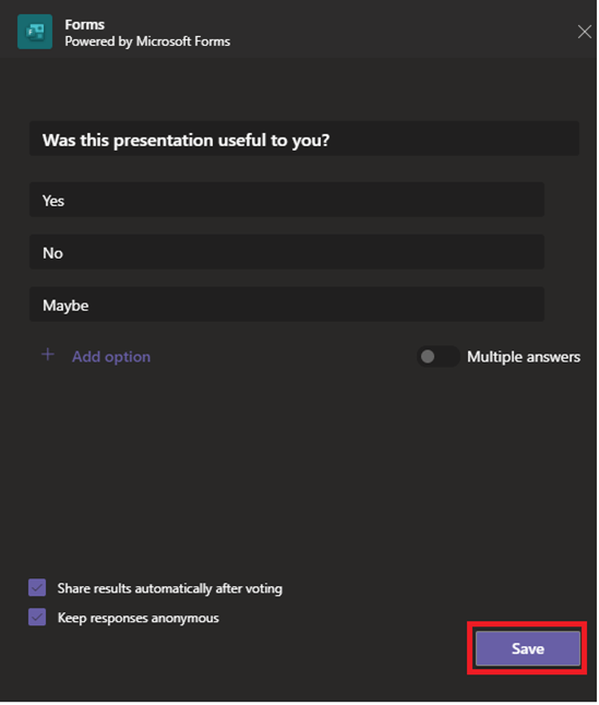 Image of creating a Microsoft Form within Microsfot Teams.