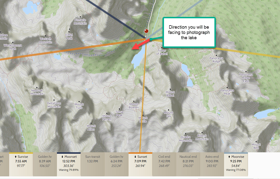 Direction of sunrise and sunset at Moraine Lake during fall and winter