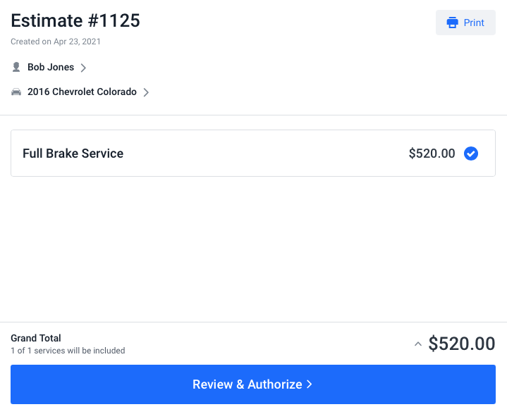 Sample brake service estimate with a single service line.