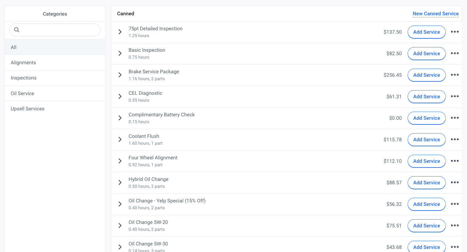 A list of canned jobs for auto repair shops in Shopmonkey, ready to be added with a single click.