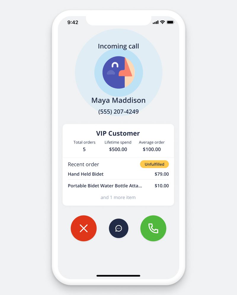 Call ID screen showing important customer information like total orders, lifetime spend, average order.