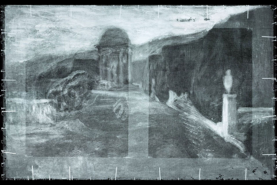 X-ray radiography of Pablo Picasso's La Miséreuse accroupie (The Crouching Woman), 1902, reveals a landscape hidden beneath the visible surface. Photo courtesy of the Art Gallery of Ontario.