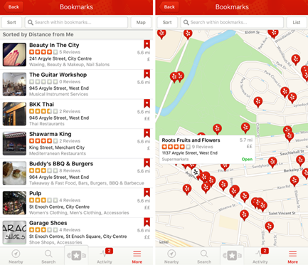 Figure 4. Yelp app showing the nearby restaurant POIs