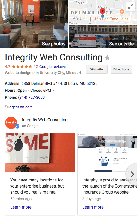 Company Google business post for Integrity Web Consulting