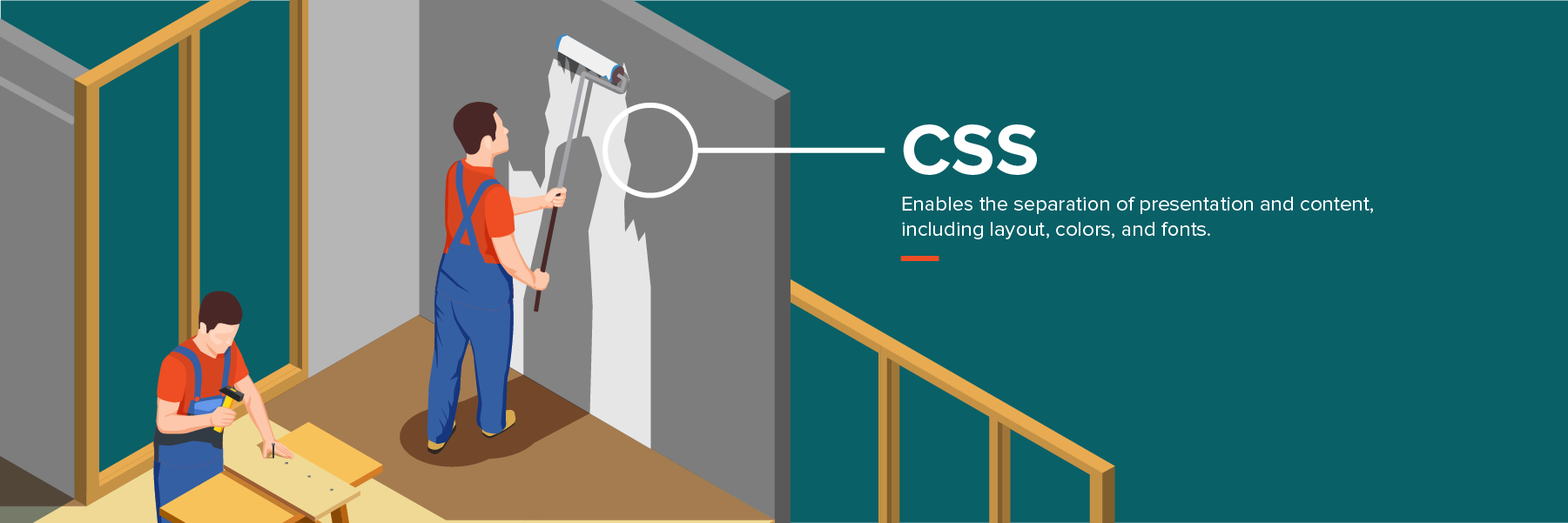 Construction illustration to compare CSS as the paint on a wall, or the decor.