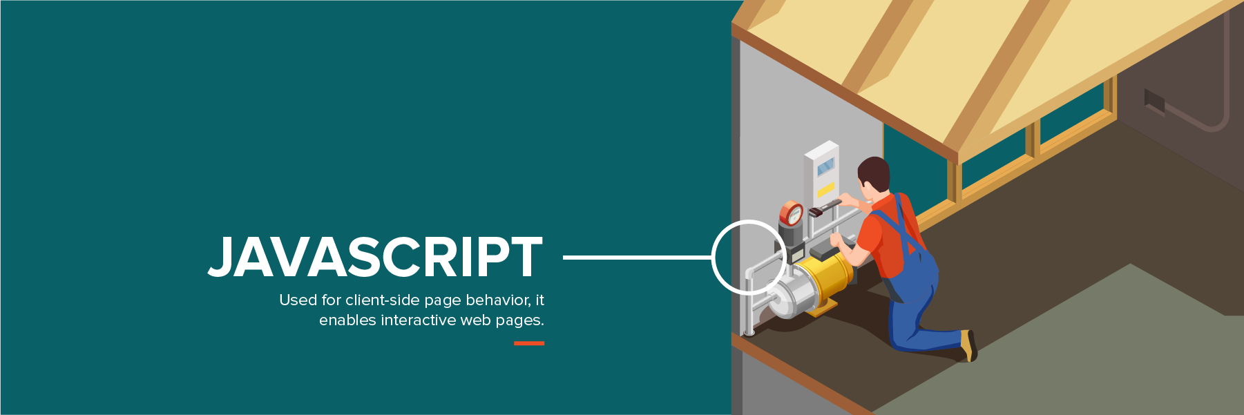 Construction illustration to show javascript as the utilities that power a house, or in this case, your website. 