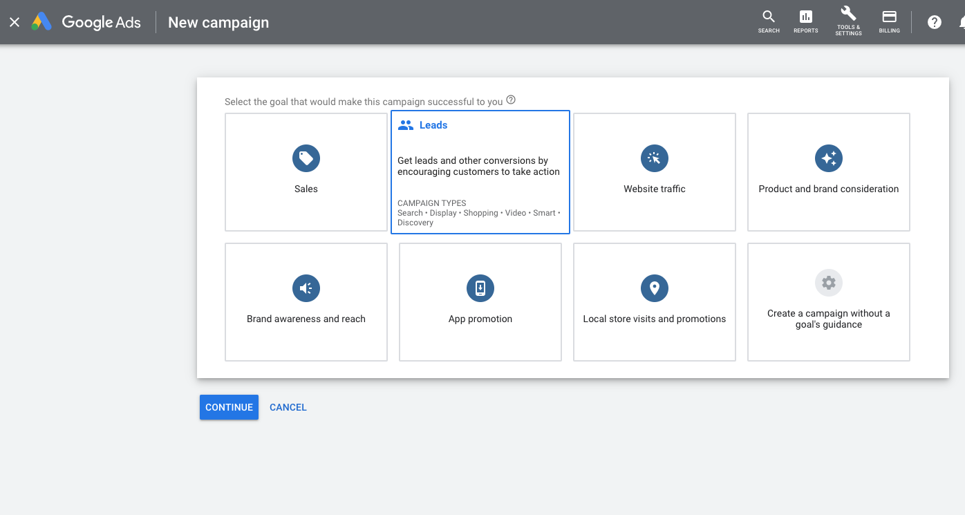 Screenshot from the Google Adwords back-end to show the campaign goal as Leads. 