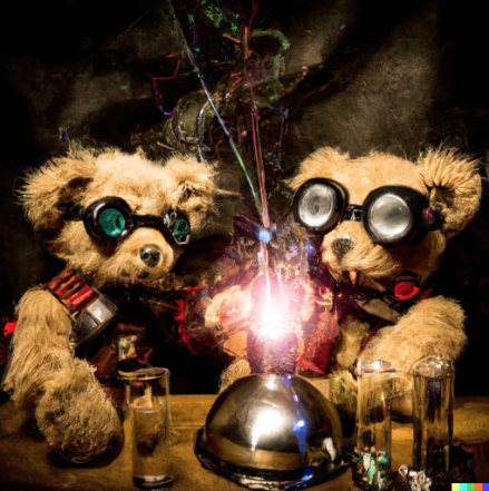 AI created image with two teddy bears wearing goggles mixing sparkly chemicals. 
