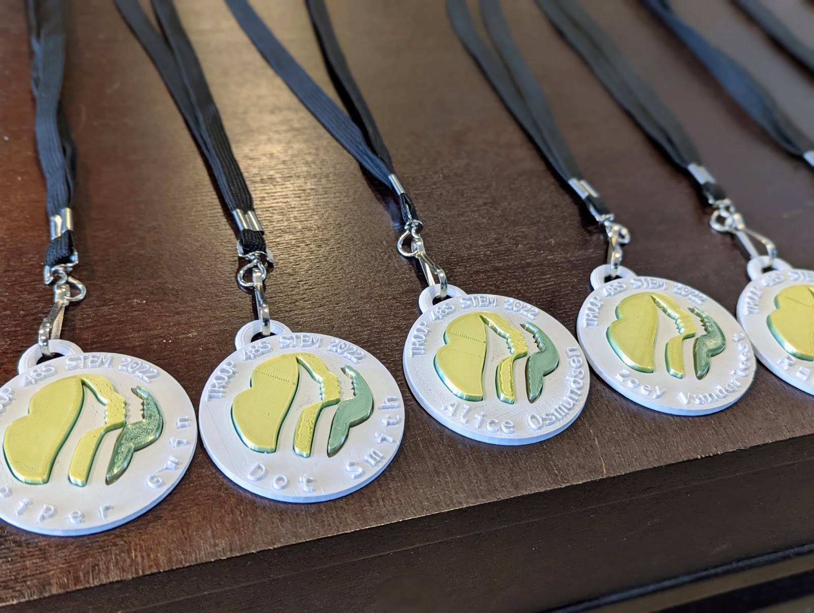 Girl Scout 3-D printed medals on lanyards