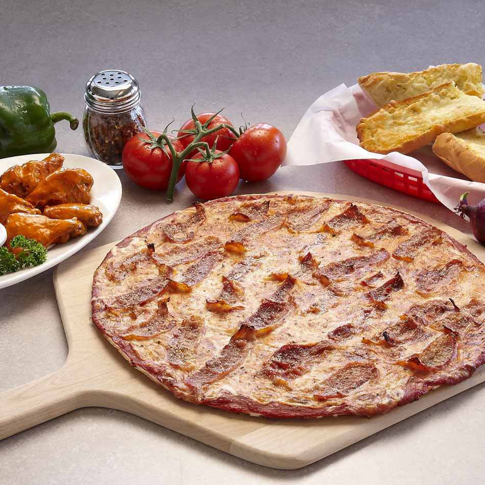 An Imo's think crust pizza with bacon