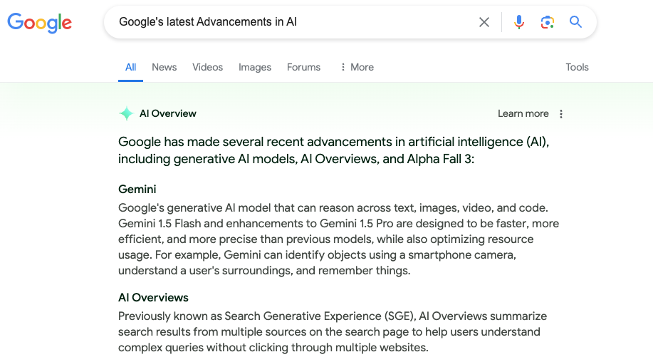 Screenshot of a Google search results page with AI results