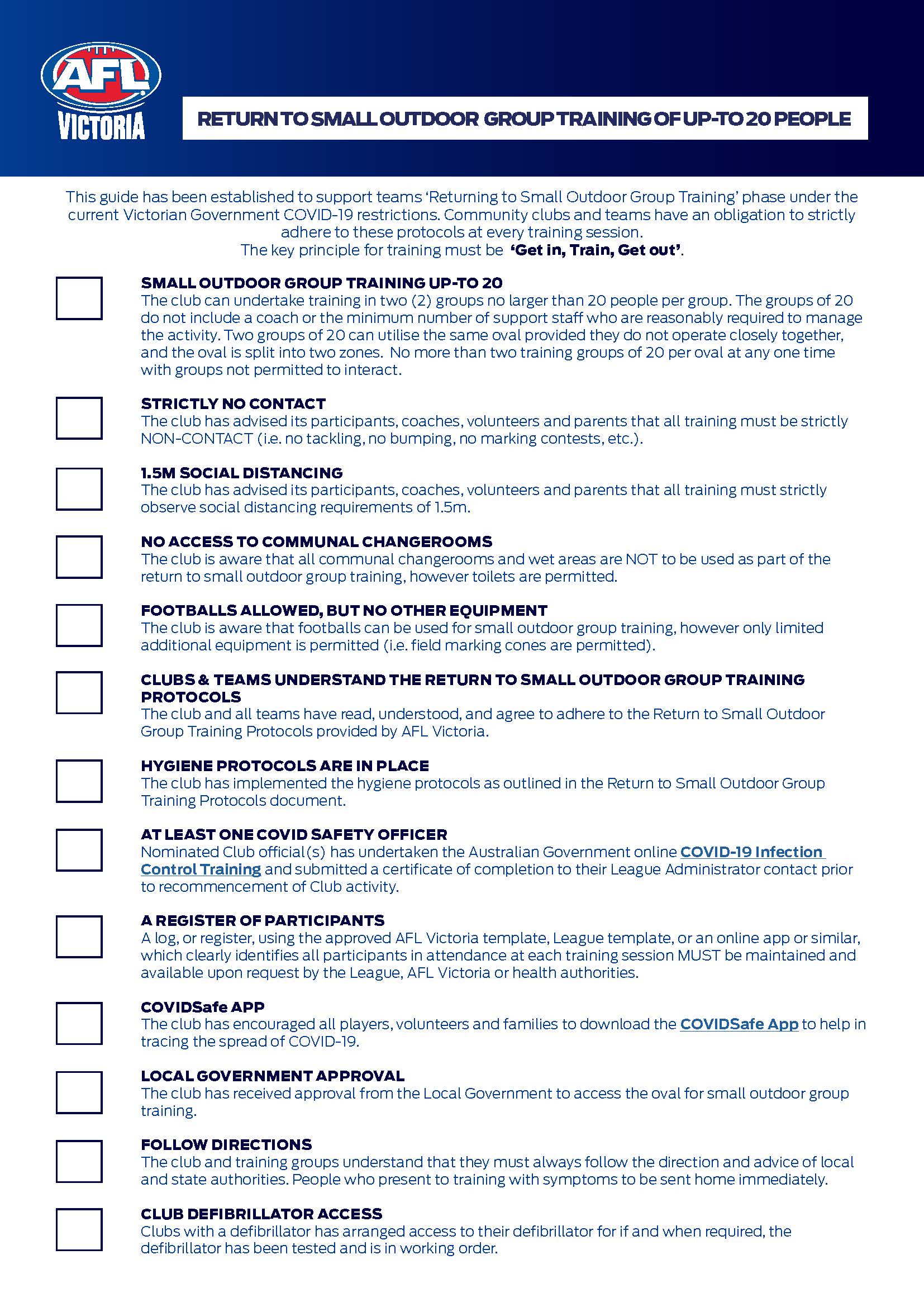 AFL Victoria Return to Training Checklist