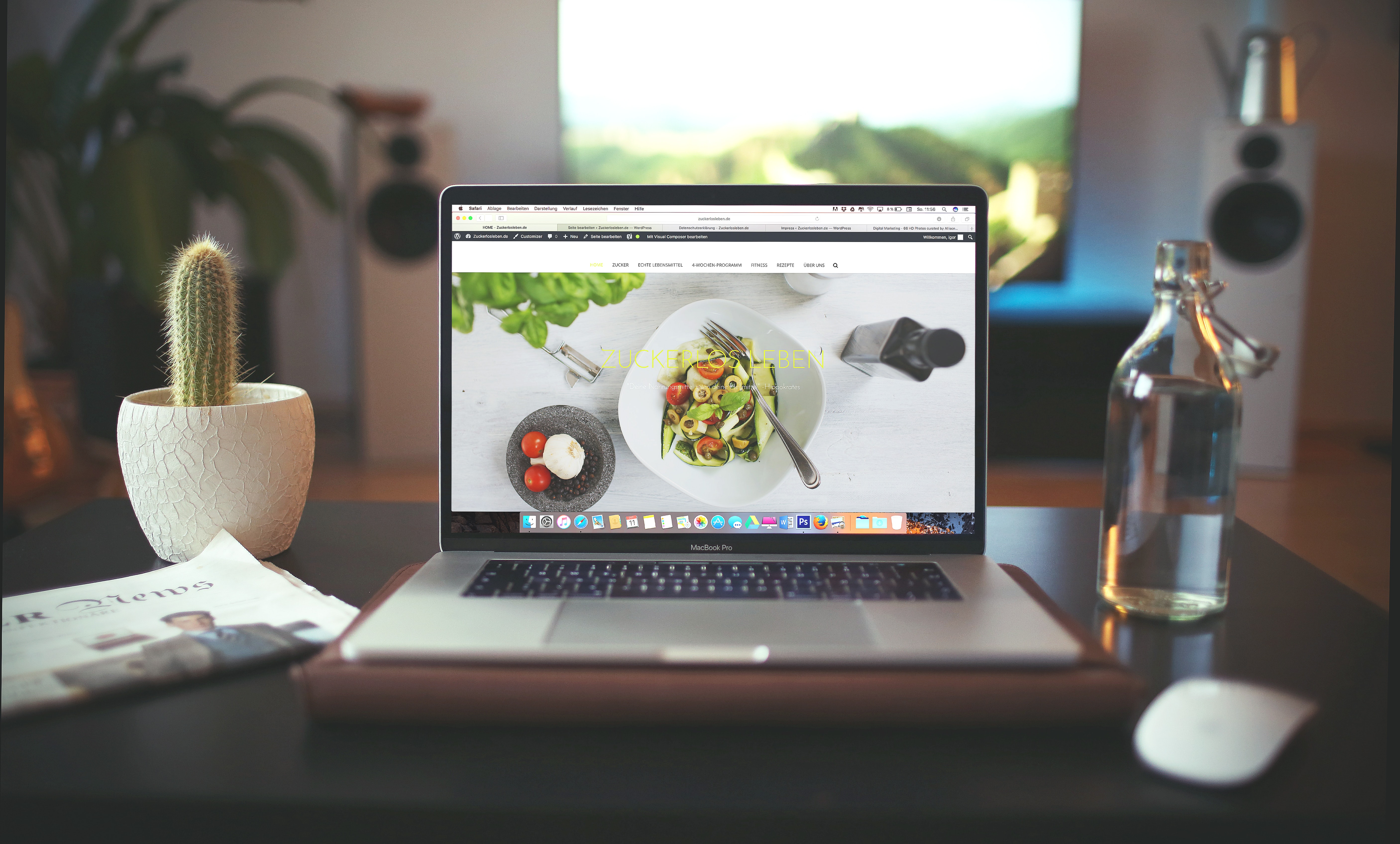 Computer screen with pasta in the middle