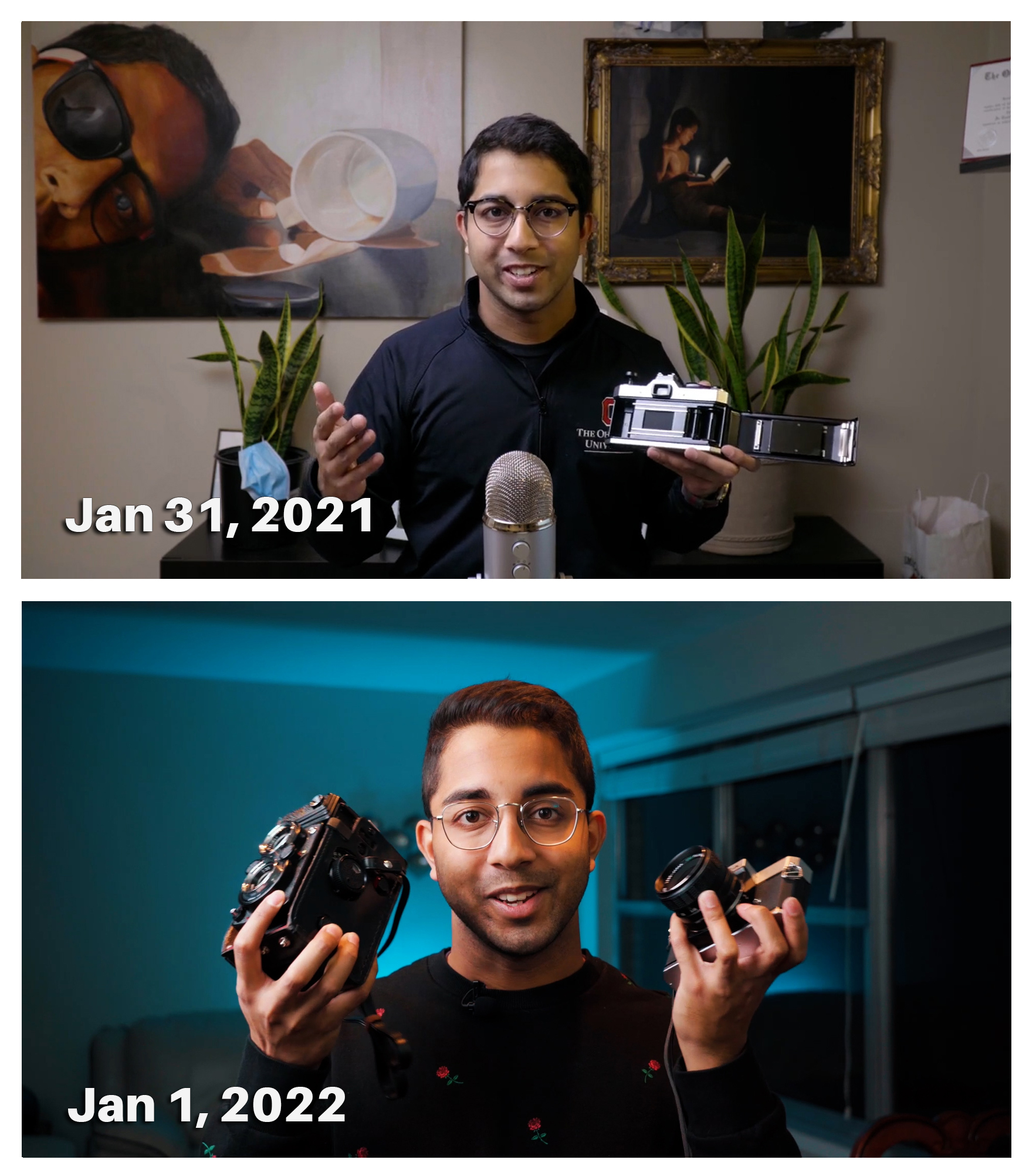screenshot collage comparing Imran Nuri's first YouTube video in 2021 to his first video of 2022