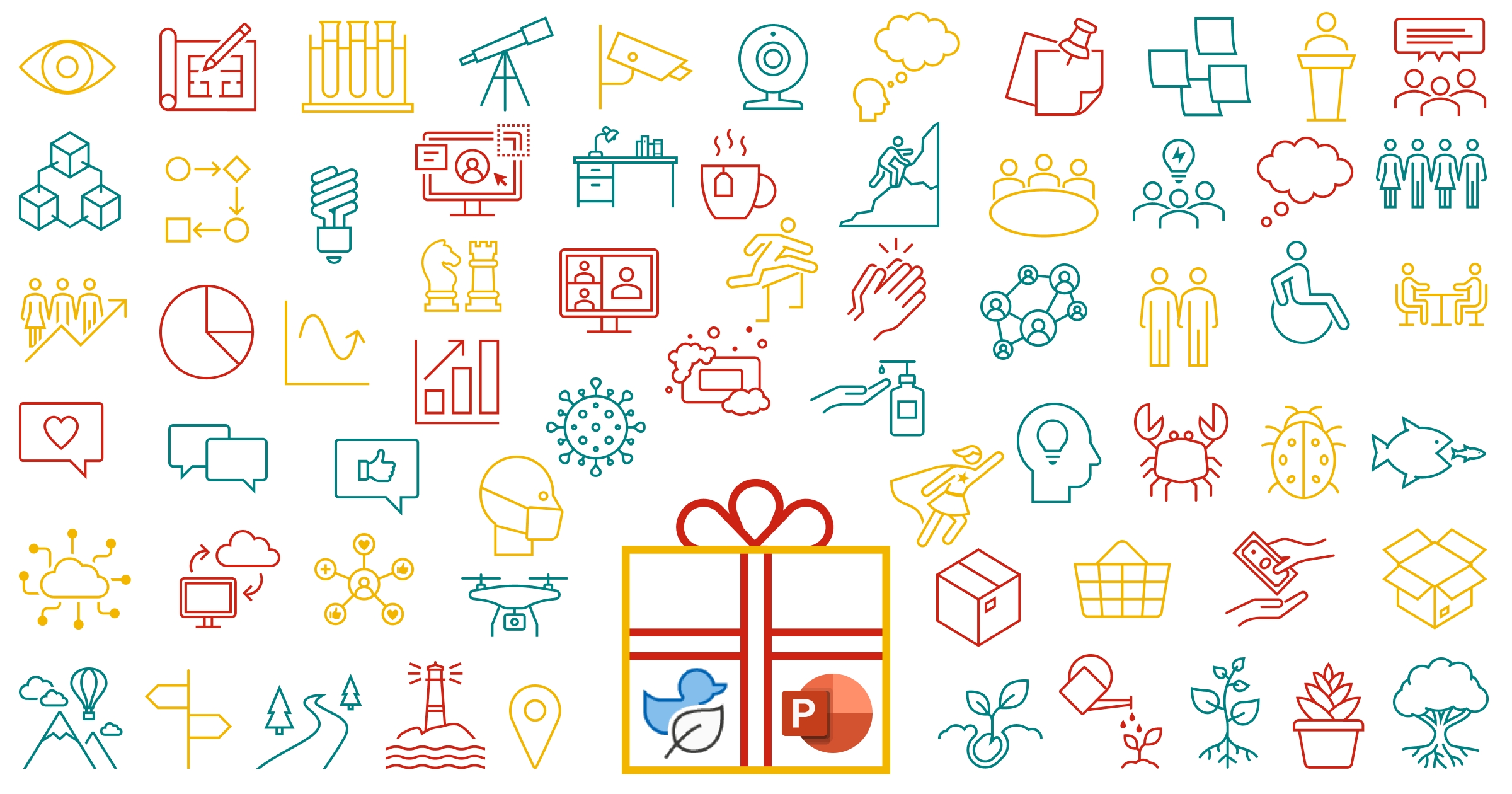 A collage of icons available from the in-built icon library, in a variety of colours.