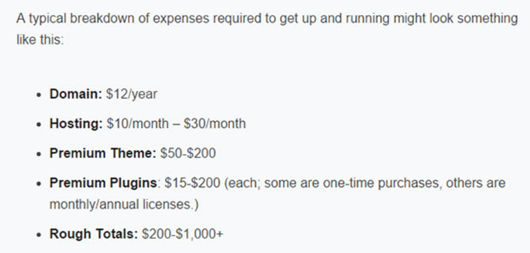 Example of Website Costs and Maintenance