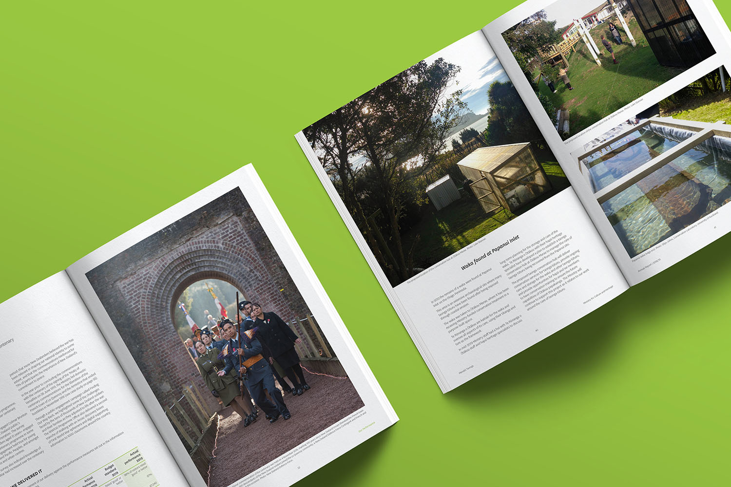Manatu Taonga Annual Report spreads on green background