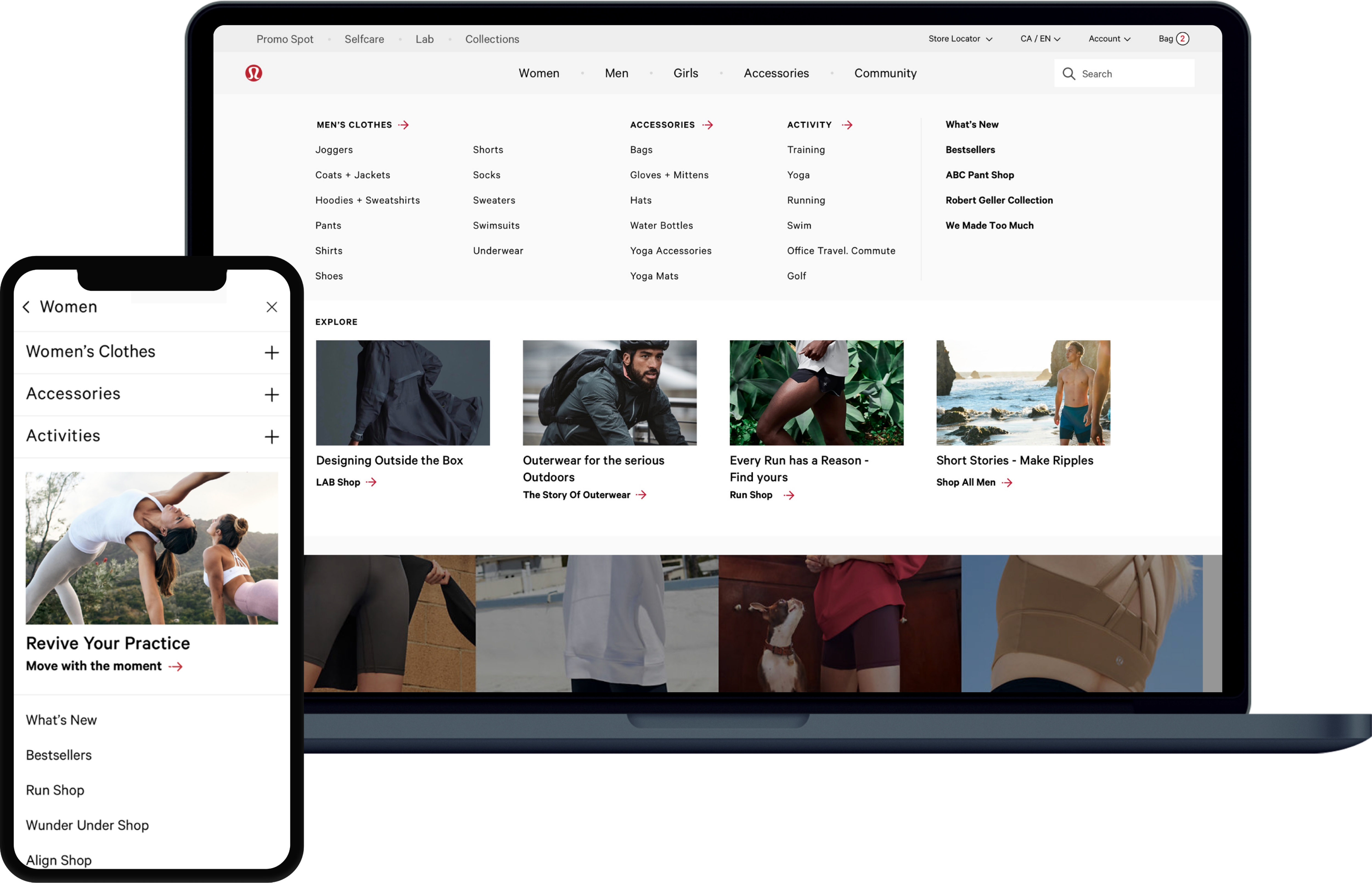 Feature image of the navigation design within an iPhone frame overplayed on a MacBook Pro