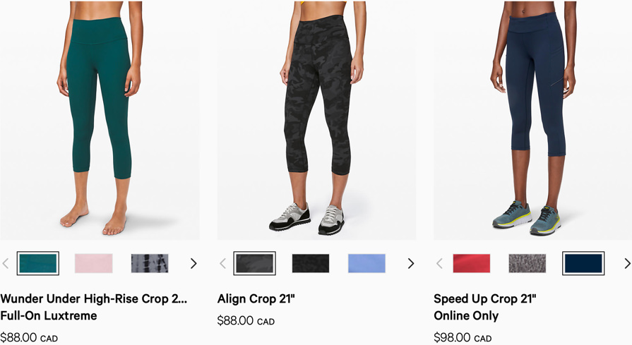 Screenshot of lululemon's category description page for "crops"