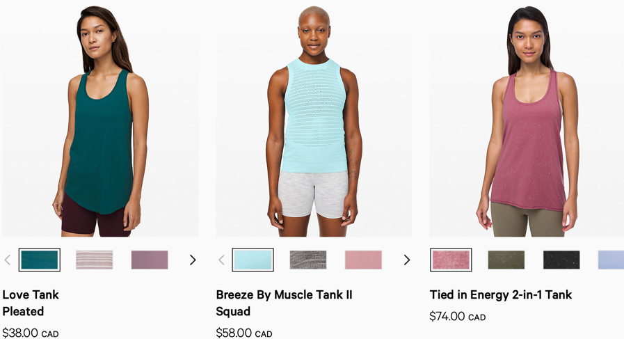 Screenshot of lululemon's category description page for "tanks"