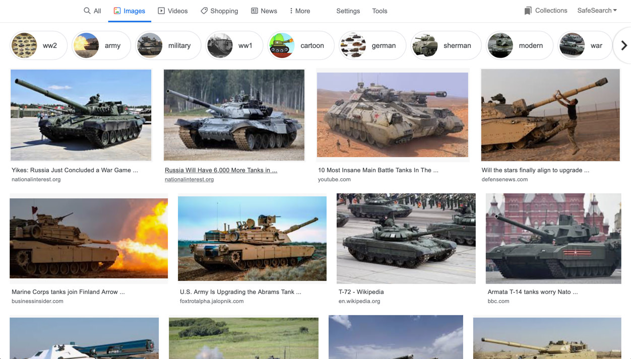 Screenshot of Google Image search results for "tanks"