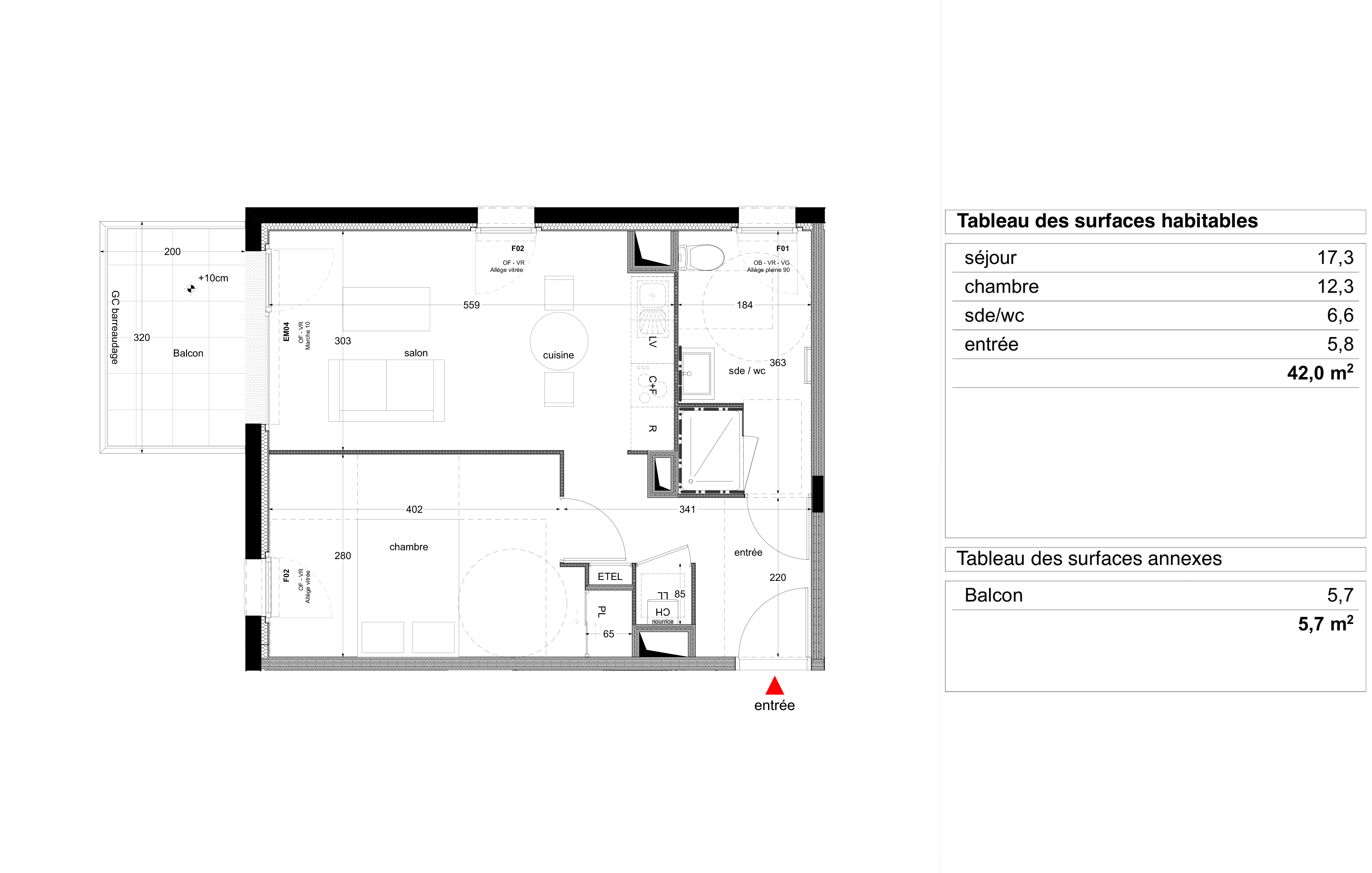 Plan d'un appartement T2 du programme "Les marquises" de Bouygues immobilier