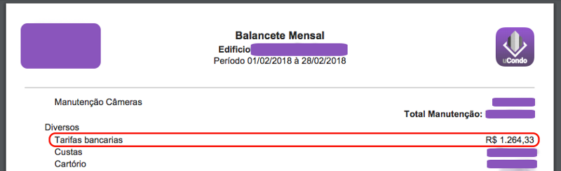 Tarifas bancarias de uma administradora de condomínios