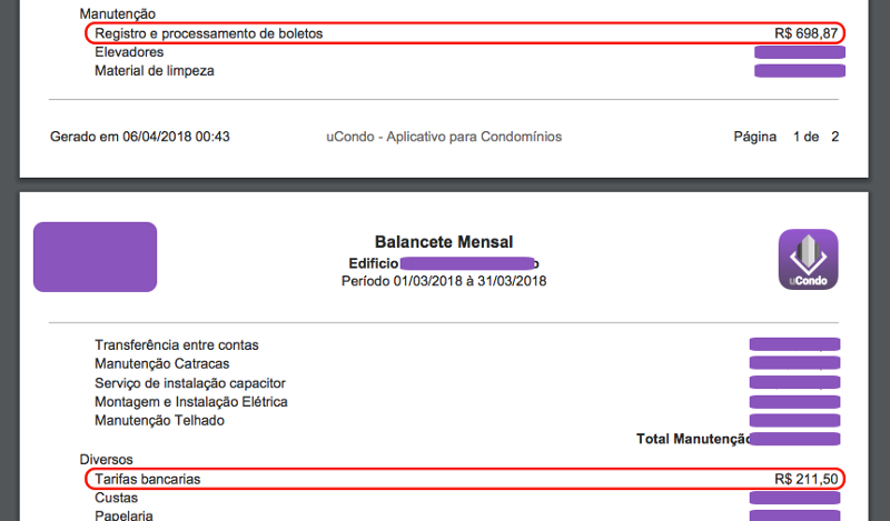 Tarifas bancarias de uma administradora de condomínios