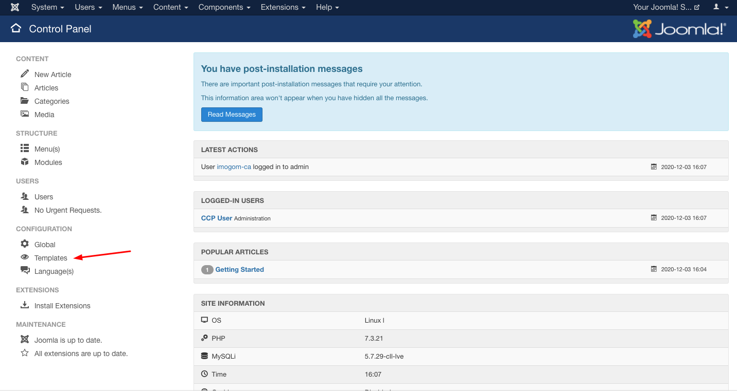 Templates in Joomla Dashboard