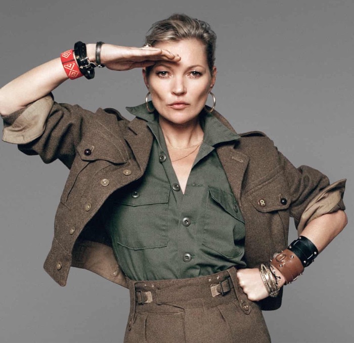 Kate Moss wearing a brown Jaeger jacket