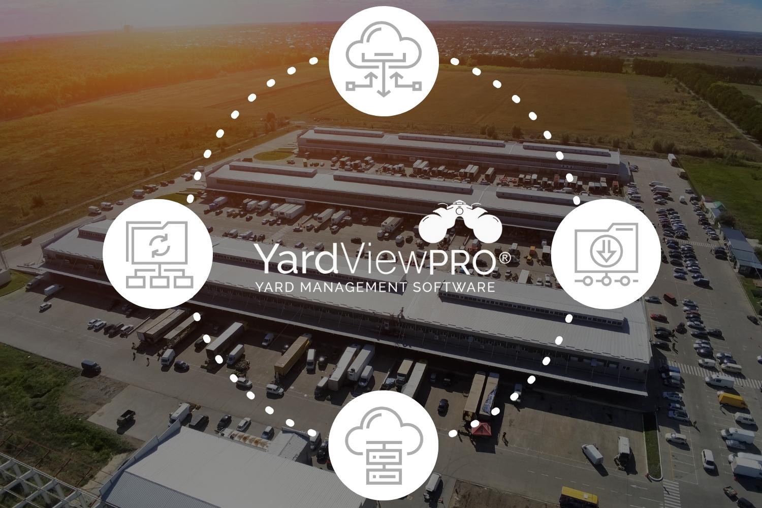 Image of an operations yard with circular software icons around the YardView Yard Management Software logo