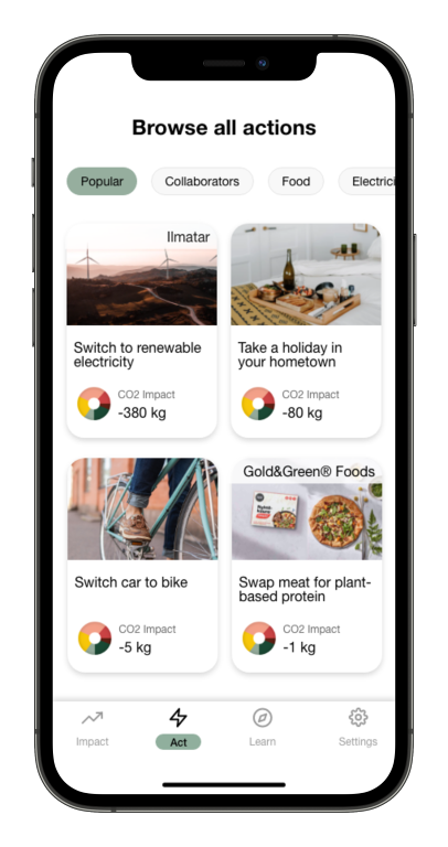 A screenshot of Carbon Donut showing a bunch of climate actions as well as the potential CO2 emission savings achievable through each action.